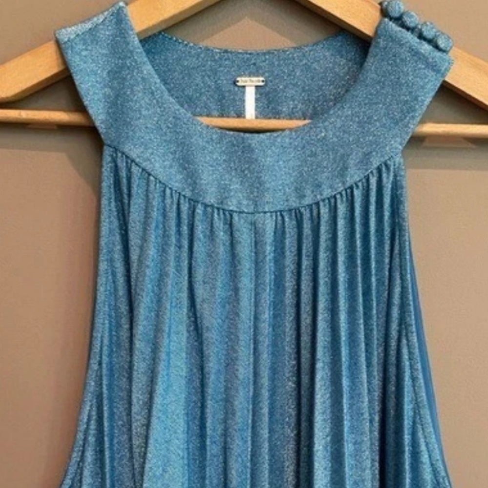 Free People High Necked Mod Themed Retro Shimmer Blue Mini Dress Size XL - Picture 9 of 10